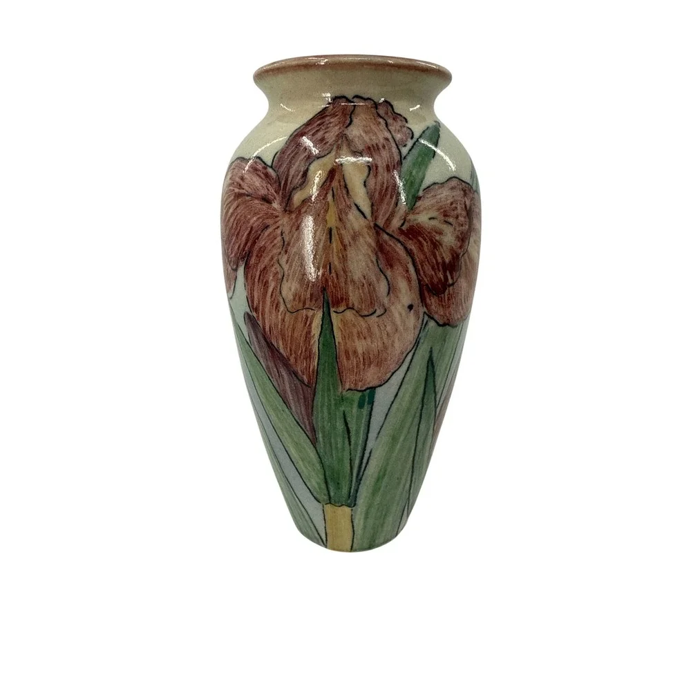 Santa Barbara Ceramics A Suman Vase 7.5in Iris Floral 1984 Art Pottery